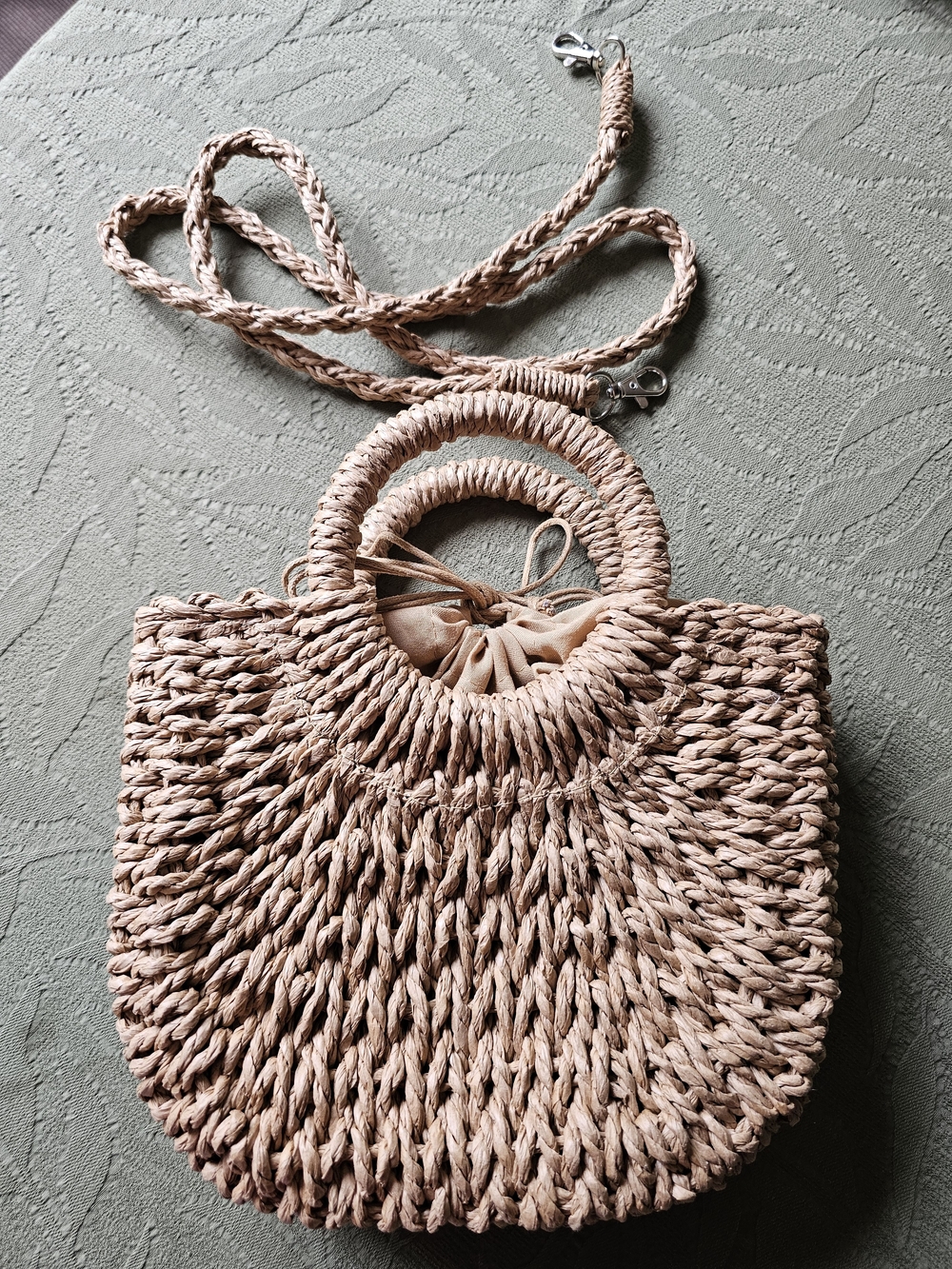 Handmade Beige Woven Round-Handle Crossbody Bag